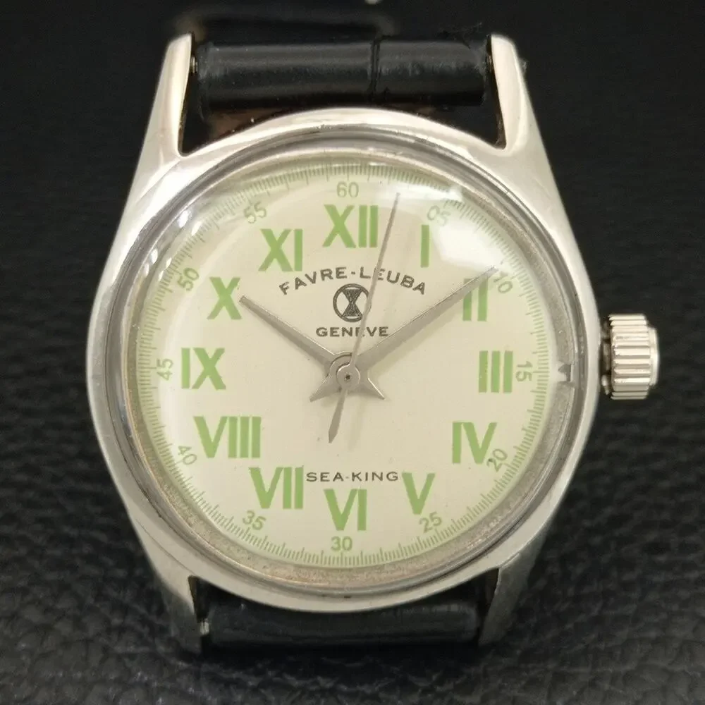 Vintage 1978 Favre Leuba Manual Mens Silver Watch W/Leather Strap